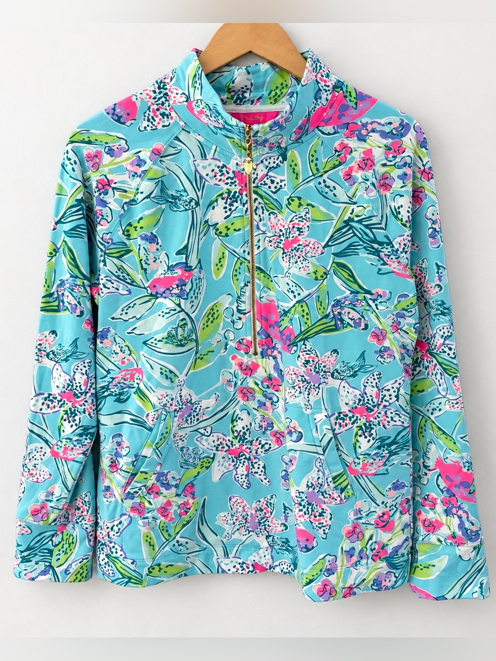 Lilly Pulitzer UPF 50+ Skipper Popover L Fish Floral Quarter Zip Blue